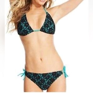 California Waves 2pc Black Crochet Lace Over Teal Bikini Set